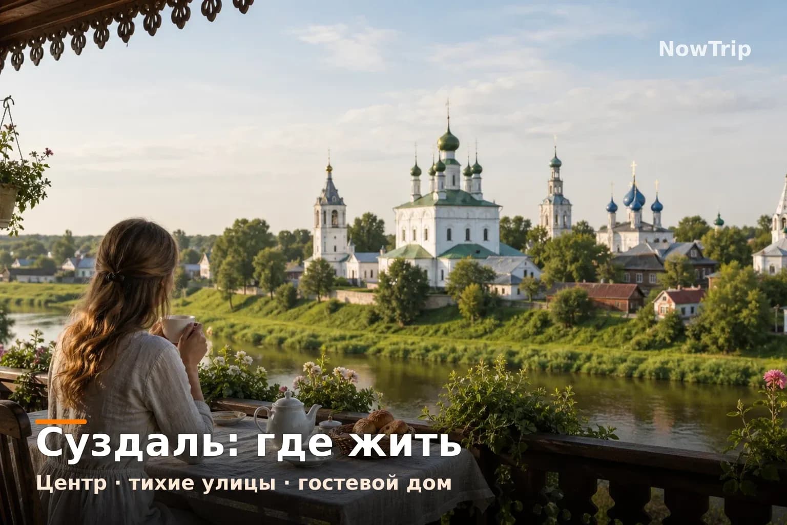 Суздаль: терраса гостевого дома, вид на белые церкви и реку Каменку