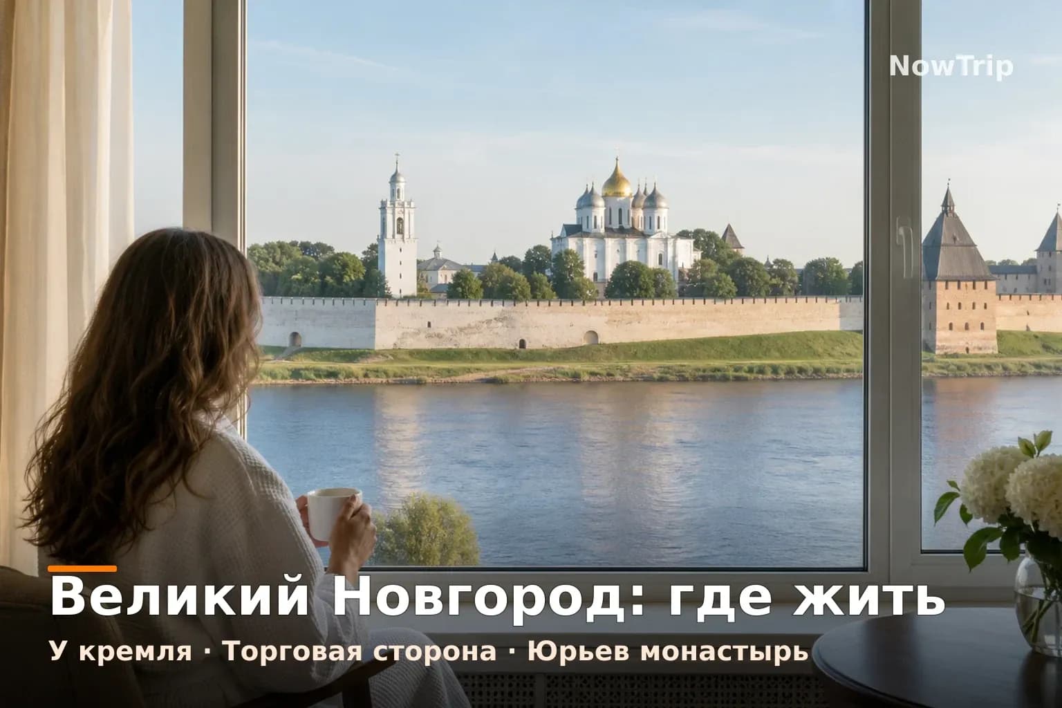 Великий Новгород: вид из окна отеля на белый кремль Детинец и реку Волхов