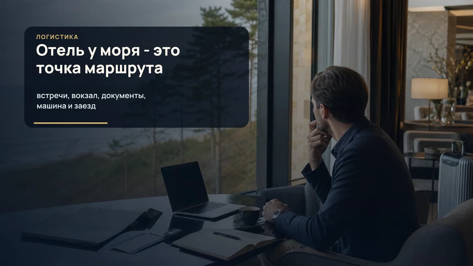 Деловой путешественник у моря планирует отель, вокзал, машину и заезд в Калининградской области