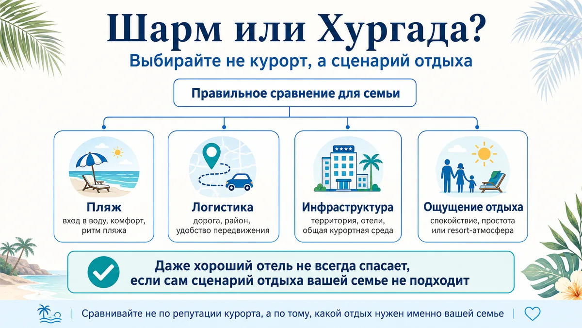 Пляжный семейный отдых в Египте как спокойный сценарий выбора между Хургадой и Шарм-эль-Шейхом